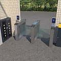 Outdoor Entrance With Lockers Glass Turnstiles Brick Wall And Green Trees
