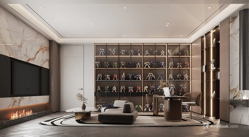 Modern Study Room Interior Design With Displayed Figurines On Shelves And Sofa 3d model 