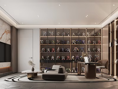 Modern Study Room Interior Design With Displayed Figurines On Shelves And Sofa 3d model