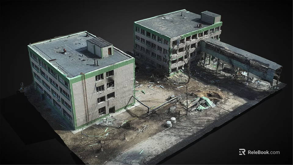 Two Damaged Urban Buildings With Rubble Scattered Debris And Broken Structures 3d model 