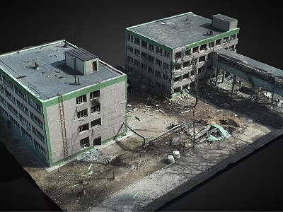 Two Damaged Urban Buildings With Rubble Scattered Debris And Broken Structures 3d model
