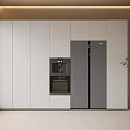 Modern Kitchen Interior With Built in Gray Refrigerator And White Cabinets 3d model