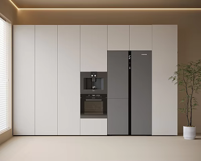 Modern Kitchen Interior With Built in Gray Refrigerator And White Cabinets 3d model