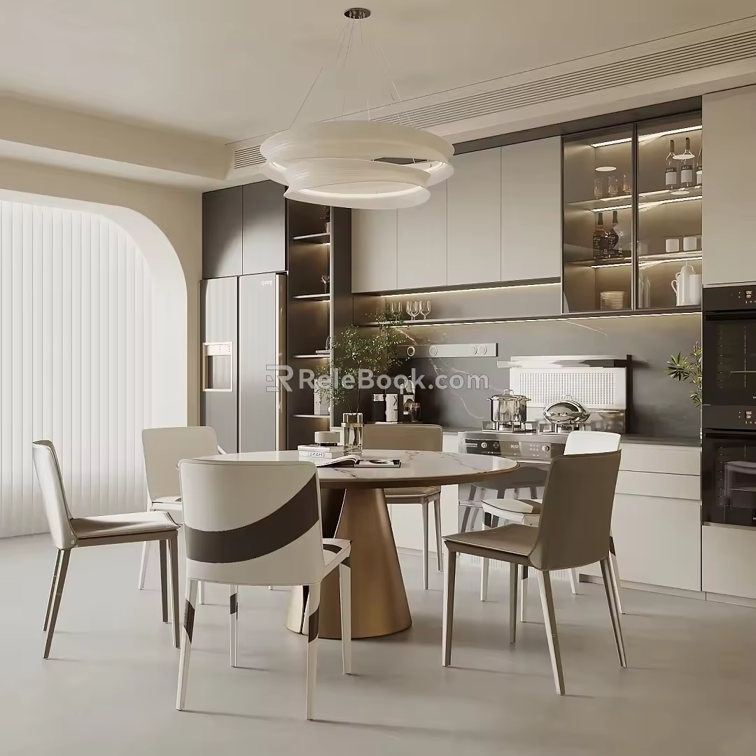 Modern Cream Style Restaurant Dining Table and Chair Combination Sideboard Wine Cabinet Art Chandelier Round Table 3d model