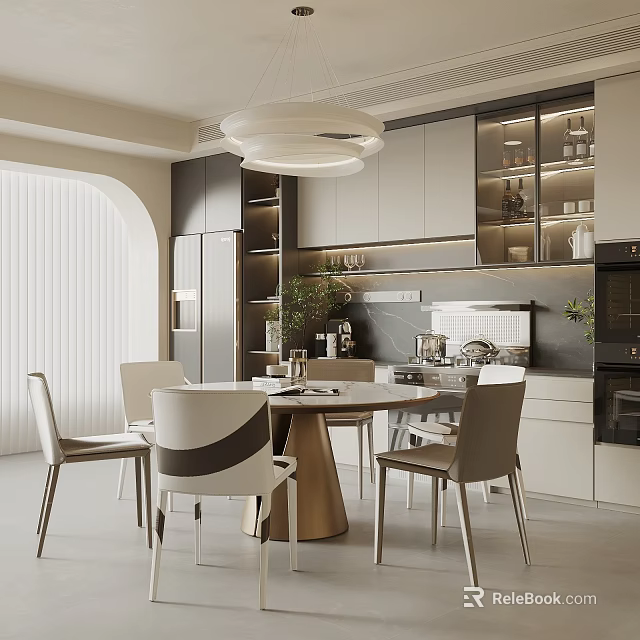 Modern Restaurant Interior Design With Dining Table Chairs Pendant Light And Cabinets 3d model 