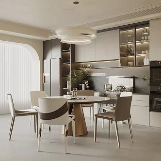 Modern Cream Style Restaurant Dining Table and Chair Combination Sideboard Wine Cabinet Art Chandelier Round Table 3d model