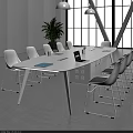 White Conference Table With Laptop Notebooks White Chairs And Green Plant In Modern Office