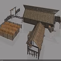 Rustic Thatched Roof Buildings With Traditional Chandelier And Fenced Hay Stacks