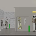 Clothing Store Interior With Mannequins Garment Racks Dresses White Walls And Green Pillars
