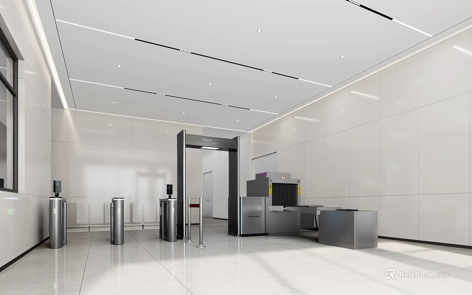 Airport Security Check Area With Modern Design Security Gate Metal Detectors And Check in Counter 3d model 