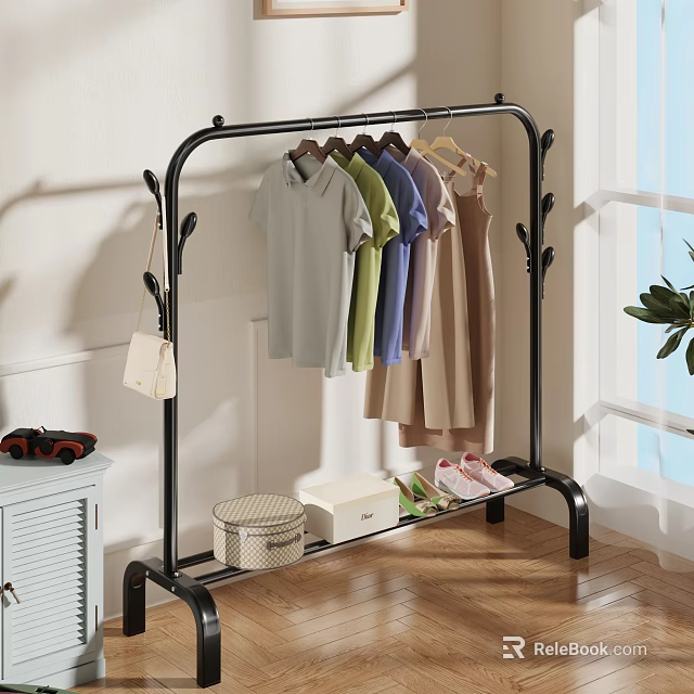 Black Clothes Rack With Hanging T Shirts Dresses And Storage Shelf For Shoes Boxes Handbag 3d model 