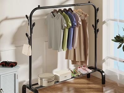 Black Clothes Rack With Hanging T Shirts Dresses And Storage Shelf For Shoes Boxes Handbag 3d model