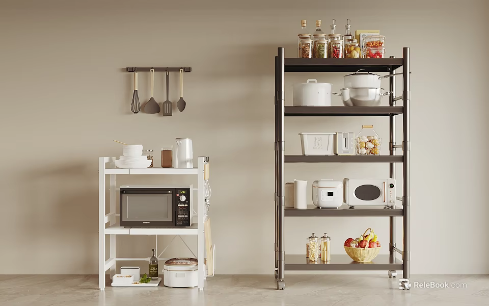 Practical Modern Kitchen Shelving Unit With Microwave Pots Bowls Jars And Fruit Basket 3d model 