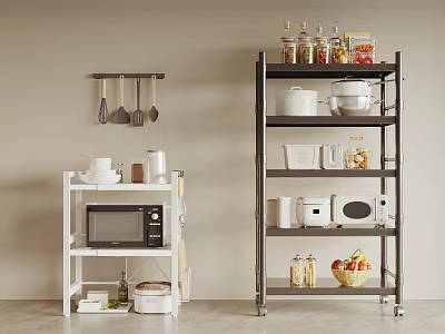 Practical Modern Kitchen Shelving Unit With Microwave Pots Bowls Jars And Fruit Basket 3d model