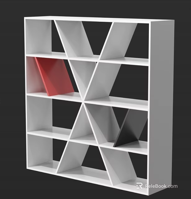 Modern Geometric Bookcase With White Frame Triangular Hexagonal Shelves And Red Black Books 3d model
