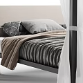 Four Poster Double Bed With Black Frame White Drapes And Striped Blanket 3d model
