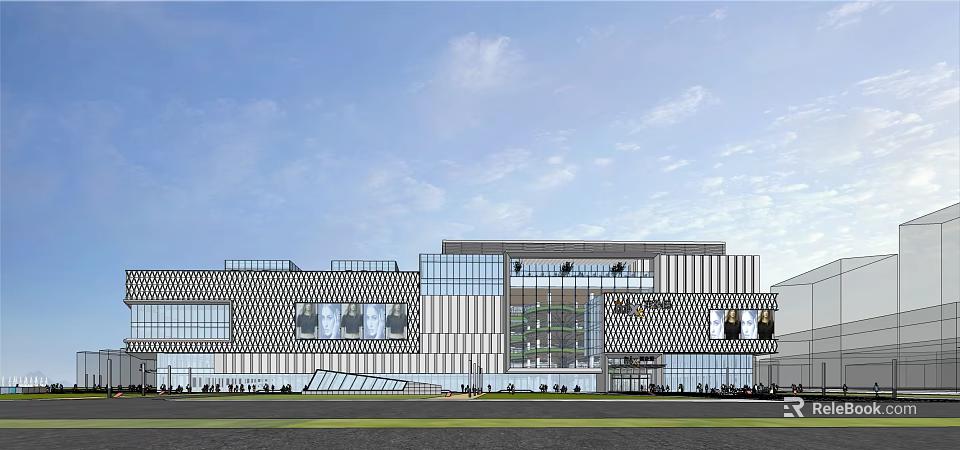 Modern Commercial Complex With Glass Facade Geometric Patterns And Open Plaza 3d model 
