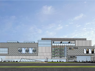 Modern Commercial Complex With Glass Facade Geometric Patterns And Open Plaza 3d model