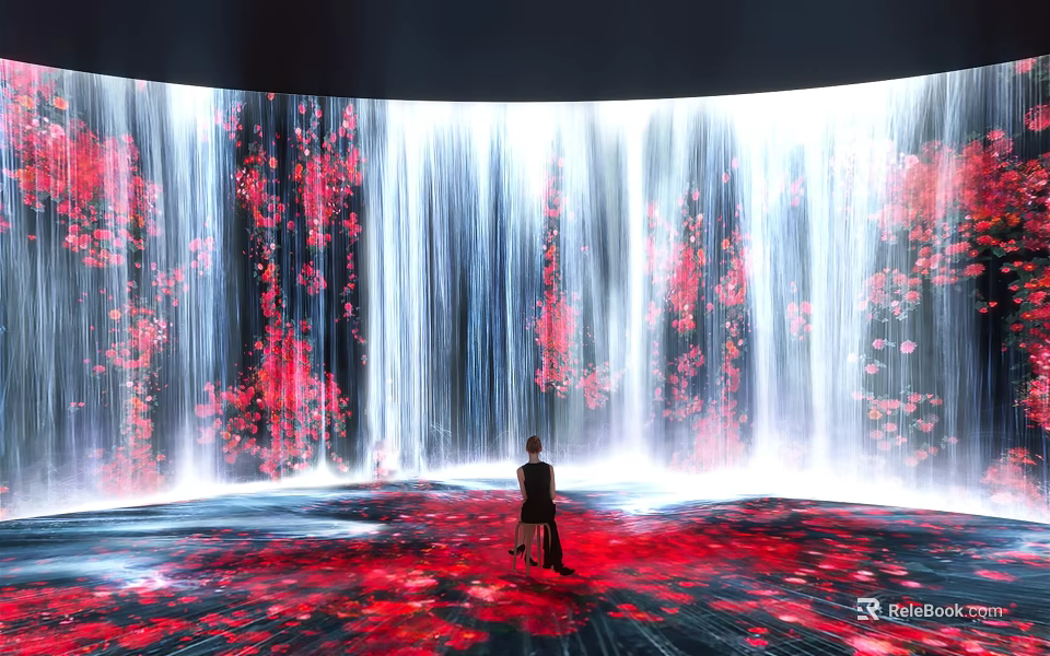 Person Standing in Immersive Digital Art Installation With Red Flower Waterfall and Floor Patterns 3d model 