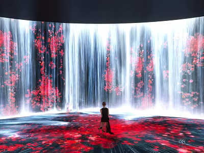 Person Standing in Immersive Digital Art Installation With Red Flower Waterfall and Floor Patterns 3d model