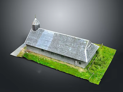 Rural Church Building With Gray Roof Steeple And Green Grass Surroundings 3d model