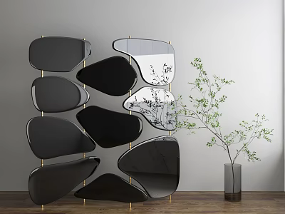 Modern Room Divider with Irregular Black and Transparent Panels Golden Frame and Green Plant 3d model