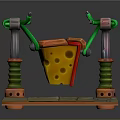 3D Model of Cheese Block Supported by Green Brackets Springs and Wooden Base
