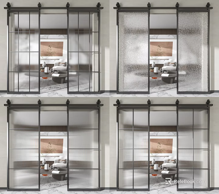 Modern Glass Sliding Doors With Black Frame For Living Room Interior Design 3d model 