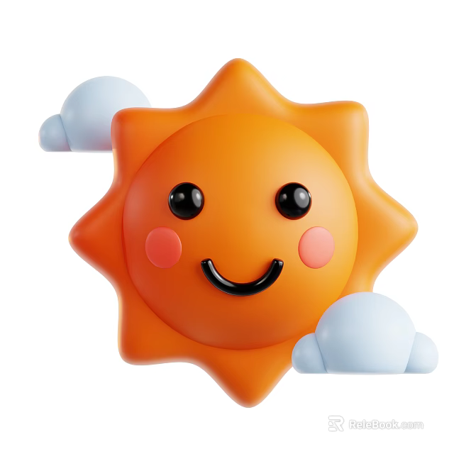 Cute Sun Shaped Decorative Ornament Set With Smiling Face And Blue Clouds 3d model 