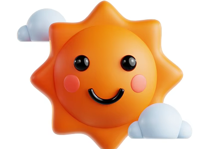 Cute Sun Shaped Decorative Ornament Set With Smiling Face And Blue Clouds 3d model