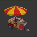 Vibrant Street Food Cart Scenery with Red Yellow Umbrella and Burger Fries Signs