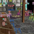 Cartoon Medieval Tavern Interior With Wooden Tables Chairs Fireplace Rug And Decorative Shields