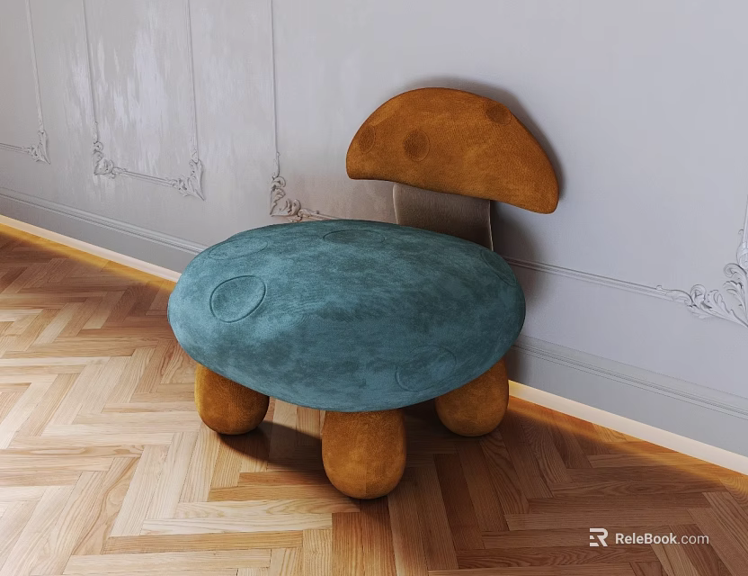 Mushroom Shaped Single Chair With Blue Cushion Brown Backrest And Legs On Wooden Floor 3d model 