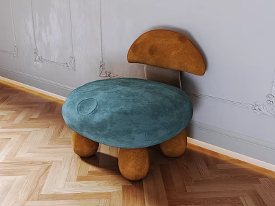 Mushroom Shaped Single Chair With Blue Cushion Brown Backrest And Legs On Wooden Floor 3d model