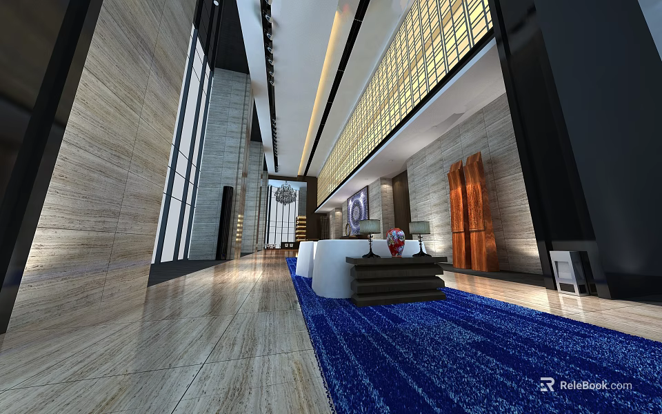 Modern Hotel Lobby Interior With Blue Carpet Marble Floor And Decorative Art 3d model 