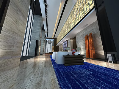 Modern Hotel Lobby Interior With Blue Carpet Marble Floor And Decorative Art 3d model