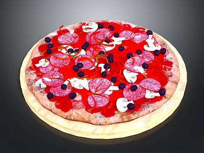 Delicious Pepperoni Pizza With Olives Cheese And Tomato Sauce On Wooden Plate 3d model