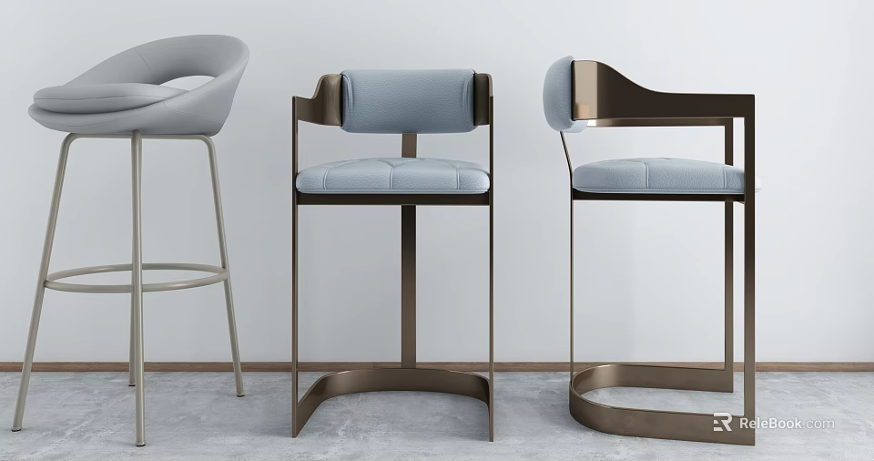 Elegant Modern Bar Stools With Metal Frames And Light Blue Upholstered Seats 3d model