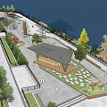 Waterfront Landscape Design With Walkway Green Trees Seats And Viewing Platforms