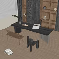 Modern Home Desk With Laptop Wooden Bookshelf Minimalist Chair Woven Stool And Natural Light