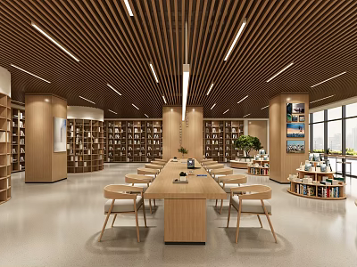 Book Art Interior Design With Wooden Bookshelves Long Table And Green Plants 3d model