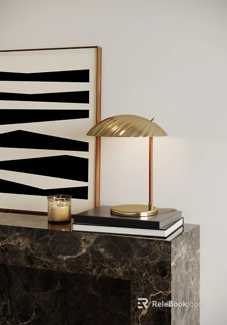 Golden Umbrella Shaped Table Lamp With Copper Stem On Marble Countertop And Geometric Wall Art 3d model 