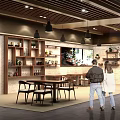 Modern Teahouse Interior Featuring Concrete Column Hanging Decor And Glass Walls