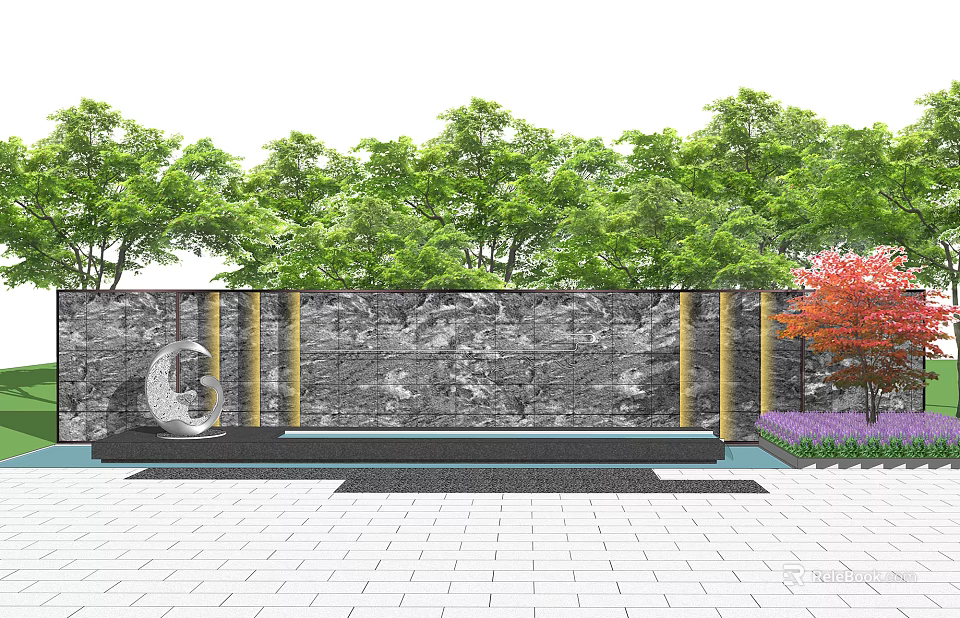 Garden Landscape Wall With Stone Texture Green Trees And Water Feature 3d model