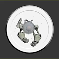 Robot Character With Blue Glowing Head Floating Stars And Musical Notes On White Circular Base