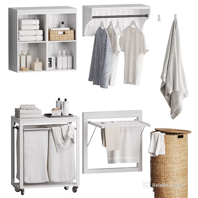 Bathroom Towel Organization With Stacked Hanging Towels On Storage Racks And Wicker Basket 3d model 