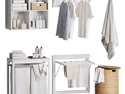 Bathroom Towel Organization With Stacked Hanging Towels On Storage Racks And Wicker Basket 3d model