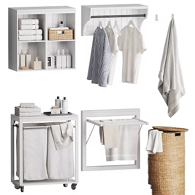Bathroom Towel Organization With Stacked Hanging Towels On Storage Racks And Wicker Basket 3d model