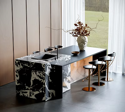 Dining Table Set with Black Marble Countertop Brass Leg Bar Stools Wooden Wall White Curtains 3d model
