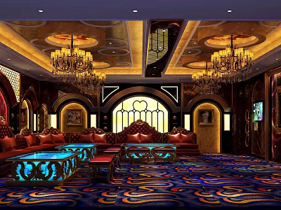 Luxurious KTV Interior Design With Chandeliers Sofas Colorful Carpet And Lighting 3d model